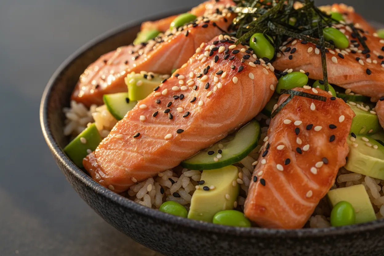 Baked Salmon Rice Bowl — 39g protein GLP-1 bowl recipe