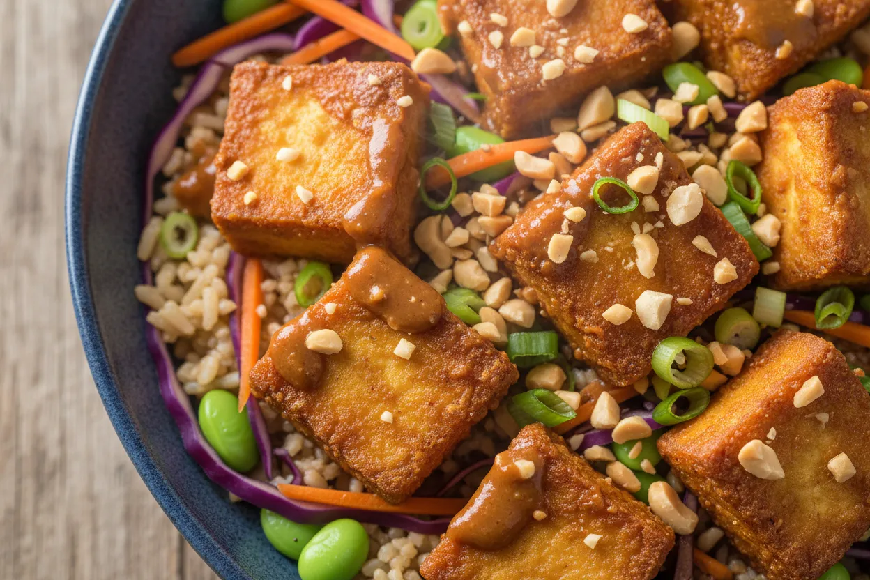 Crispy Tofu Peanut Bowl — 23g protein GLP-1 bowl recipe