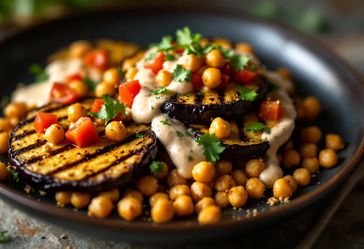 Grilled aubergines with spicy chickpeas & walnut sauce — high-protein GLP-1 recipe, 14g protein per serving