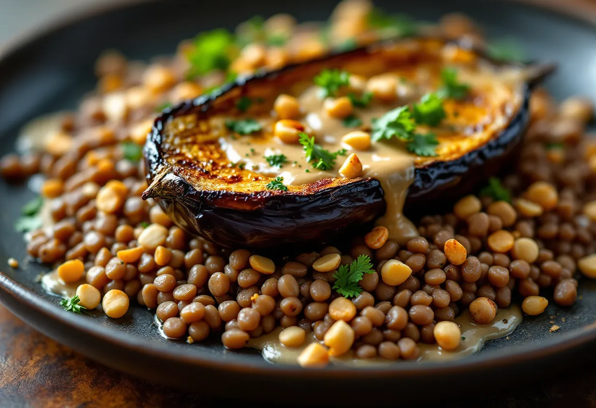 Roasted Eggplant With Tahini, Pine Nuts, and Lentils — high-protein GLP-1 recipe, 26g protein per serving