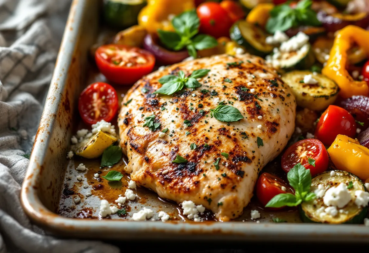 Sheet Pan Greek Chicken with Roasted Veggies — high-protein GLP-1 recipe, 30g protein per serving